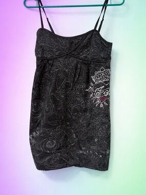 Vintage y2k Fox Black miniDress with Pink Graphic Accents